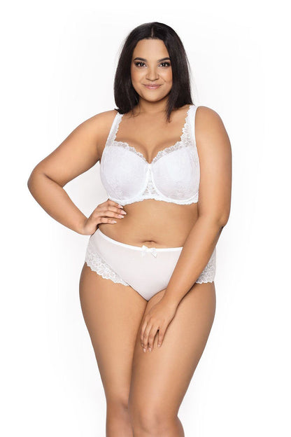 “Close-up of lace cups and decorative strap on full bust bra”