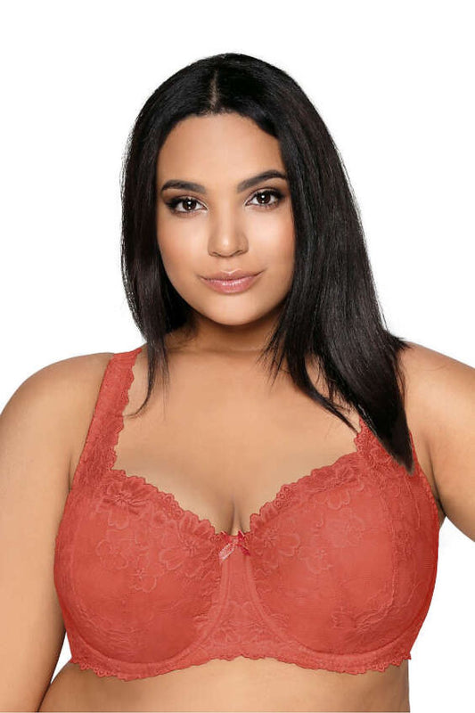 “Phenomenal Carmela plus size brick lace bra with wide decorative strap, front view”