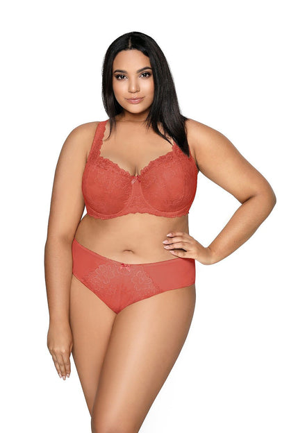 “Back view of Phenomenal Carmela bra showing reinforced lace, elastic mesh, and hook closure”