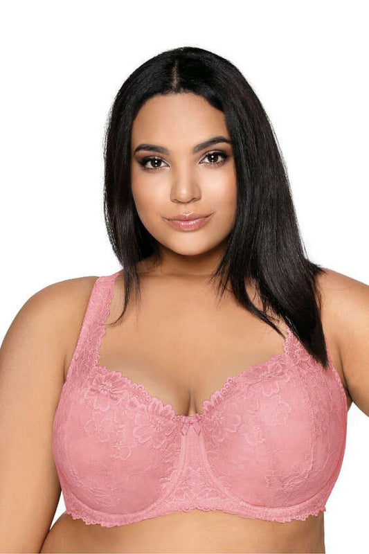 “Phenomenal Carmela magenta lace plus size bra with wide decorative strap, front view”