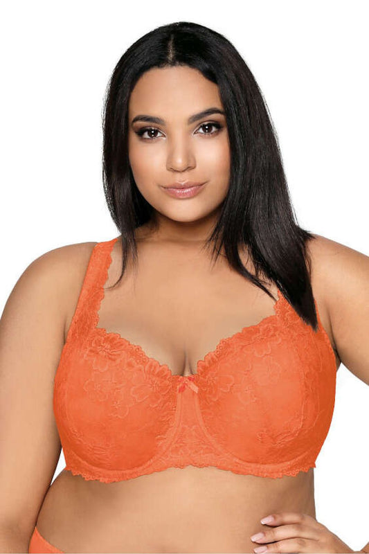 “Carmela Big bra in orange with wide decorative strap and lace cups”