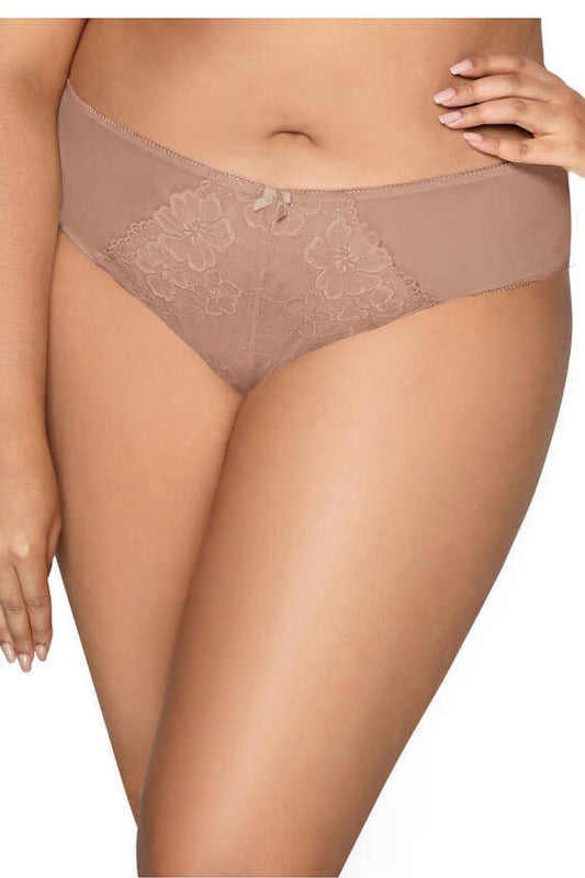 Plus size Carmela Big cappuccino panties L–6XL – front view showing lace panel and mesh sides.