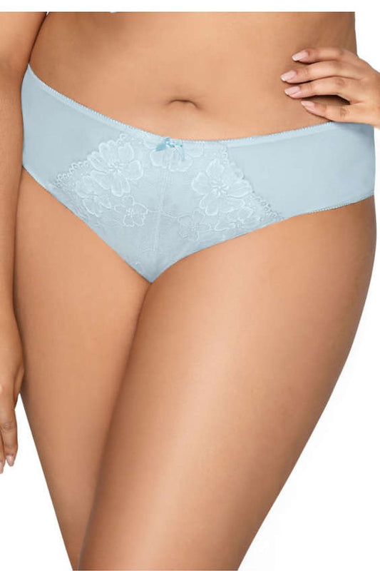 Plus size Carmela Big blue panties L–6XL – front view showing lace panel and mesh sides.
