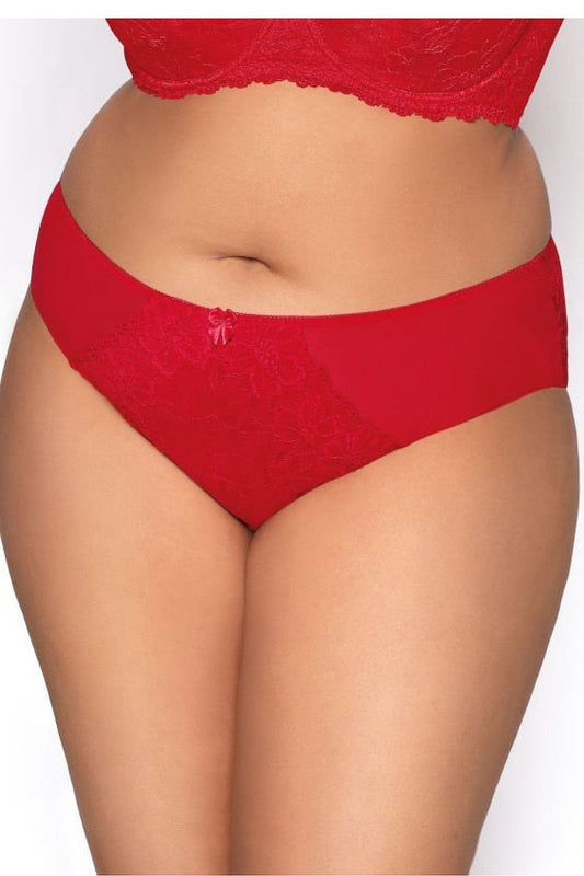 Plus size Carmela Big red panties L–6XL – front view showing lace panel and mesh sides.
