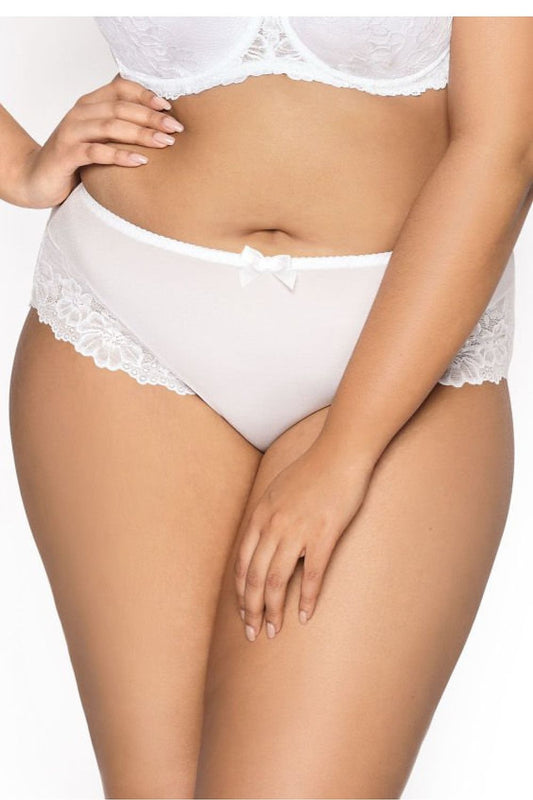 Plus size Carmela Big white panties L–6XL – front view showing tricot knit and airy lace detailing.