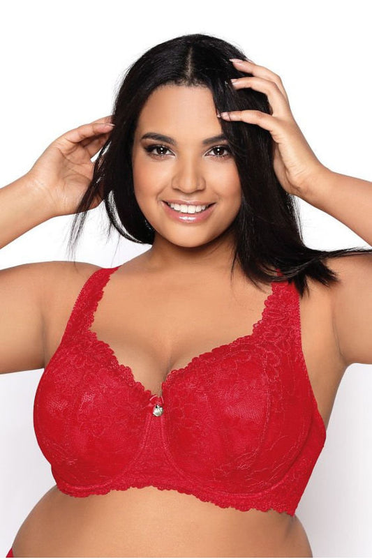 “Carmela Big bra in red with wide decorative strap and lace cups”