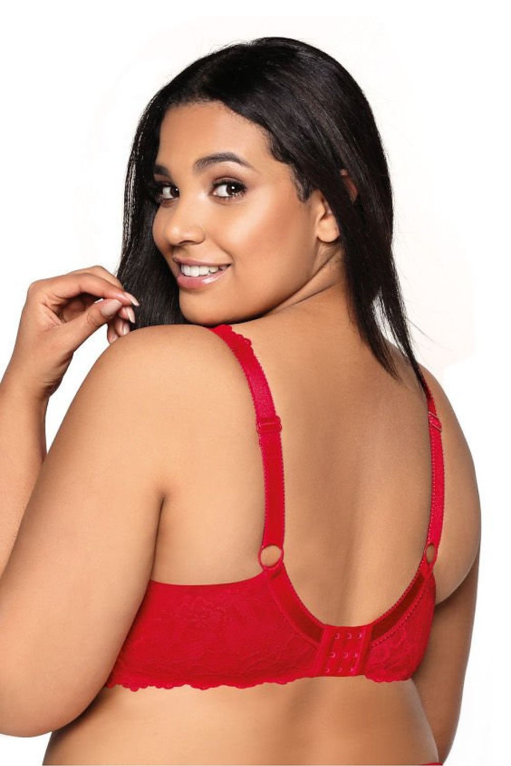“Front view highlighting cleavage and shapely red lace cups”