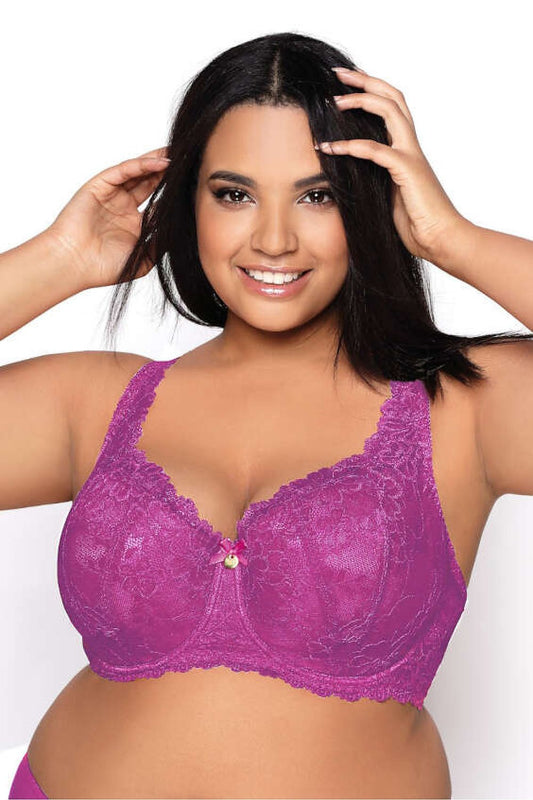 “Carmela Big bra in magenta with wide decorative strap and lace cups”