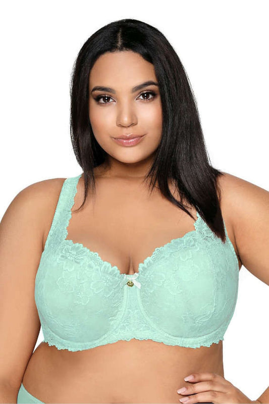 “Carmela Big bra in celadon with wide decorative strap and lace cups”