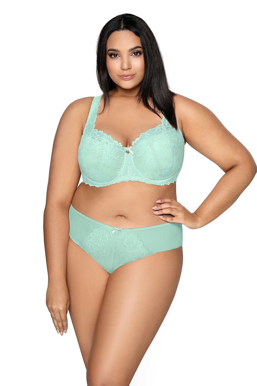 “Front view highlighting cleavage and shapely celadon lace cups”