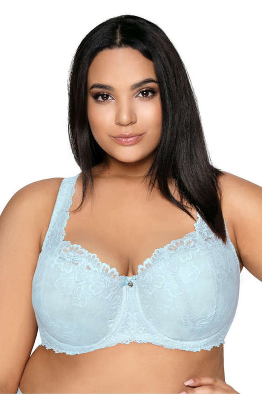 “Carmela Big bra in blue with wide decorative strap and lace cups”