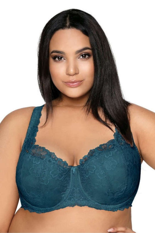 “Carmela Big bra in topaz with wide decorative strap and lace cups”