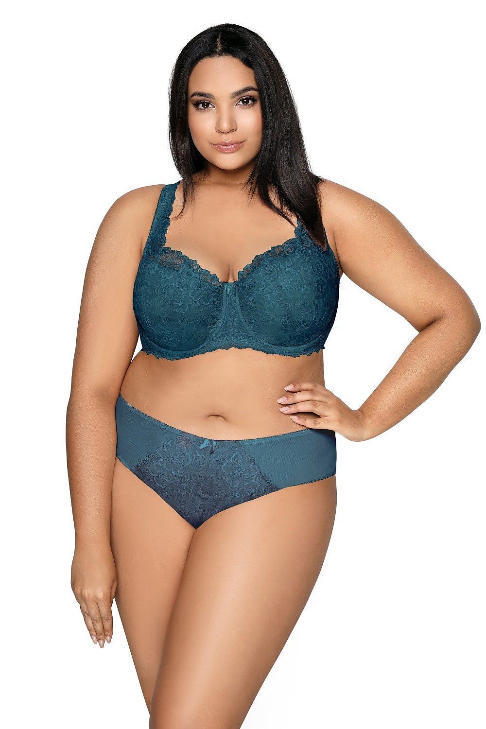 “Front view highlighting cleavage and shapely topaz lace cups”