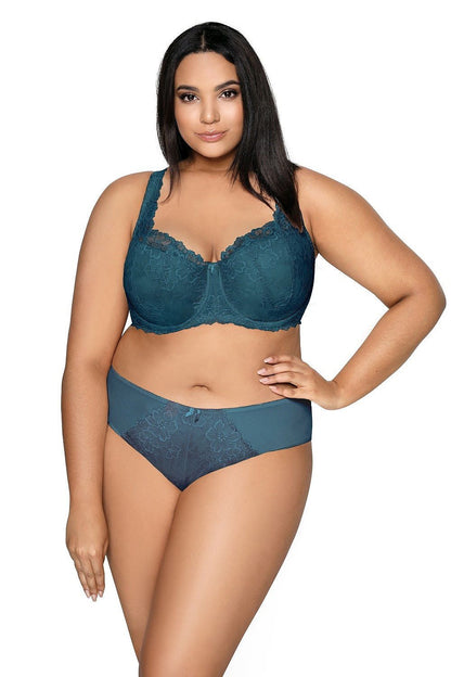 “Front view highlighting cleavage and shapely topaz lace cups”