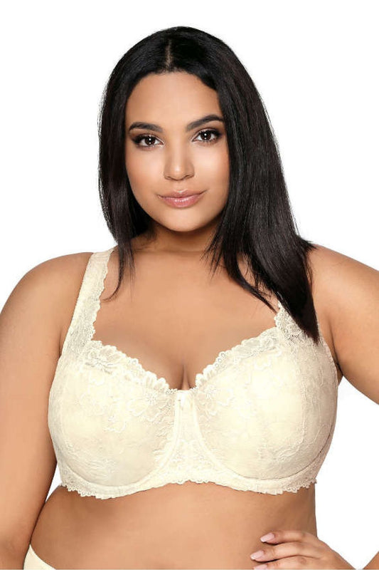 “Carmela Big bra in cream with wide decorative strap and lace cups”
