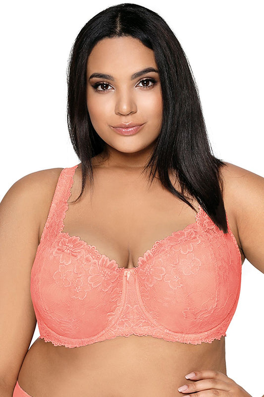 “Carmela Big bra in peach with wide decorative strap and lace cups”
