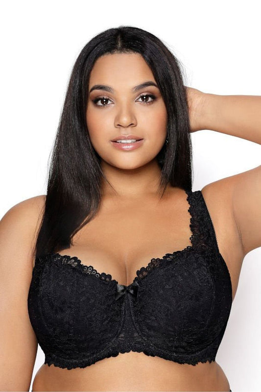 “Carmela Big bra in black with wide decorative strap and lace cups”