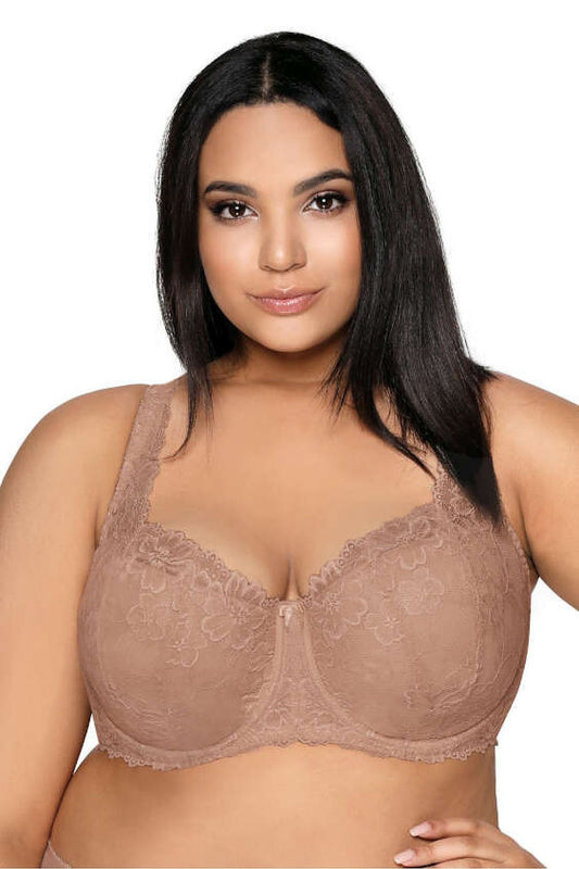 “Carmela Big bra in cappuccino with wide decorative strap and lace cups”