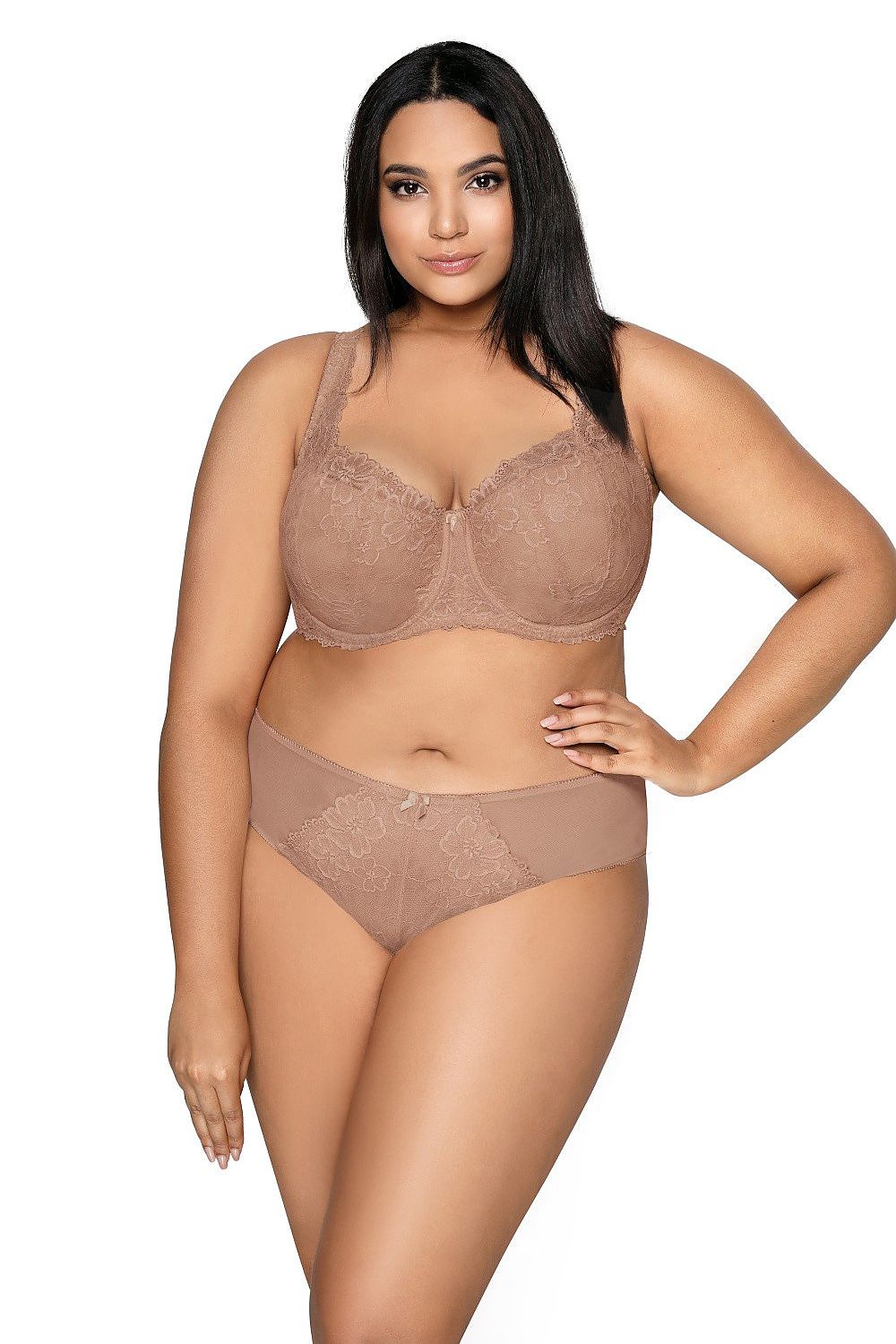 “Front view highlighting cleavage and shapely cappuccino lace cups”