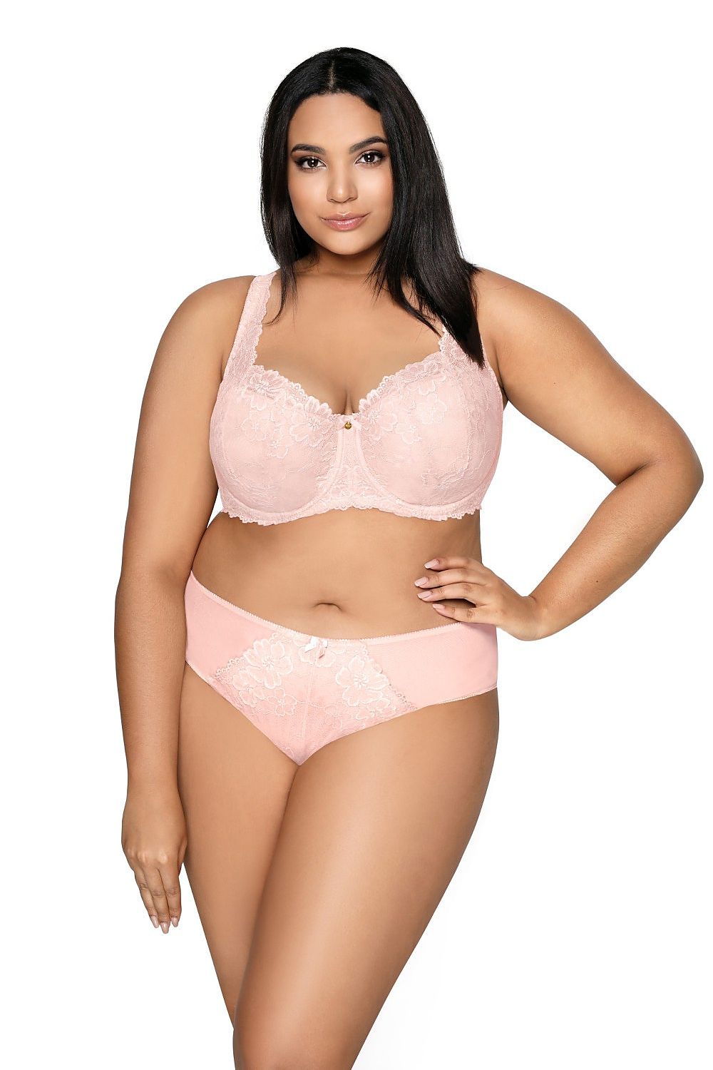 “Front view emphasizing cleavage and shapely lace cups”
