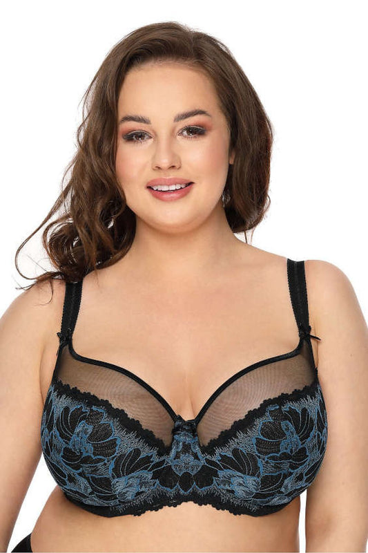“Front view of Angel strapless bra in black and navy blue with embroidered tulle cups”