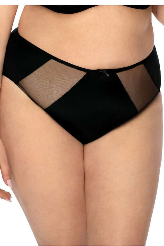 Plus size black Aggie panties L–6XL with mesh inserts and bow – front view.