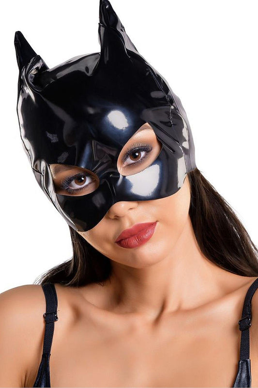 “Shiny black cat mask with eye holes on white background”