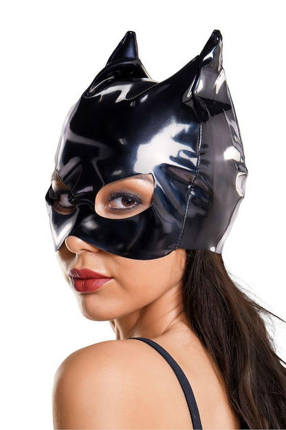“Model wearing shiny black cat mask emphasizing eyes”