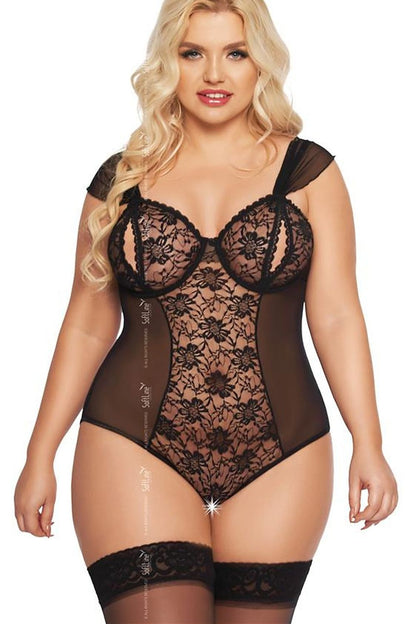 “Floral accent bodysuit with decorative cut-out cups and romantic detailing”