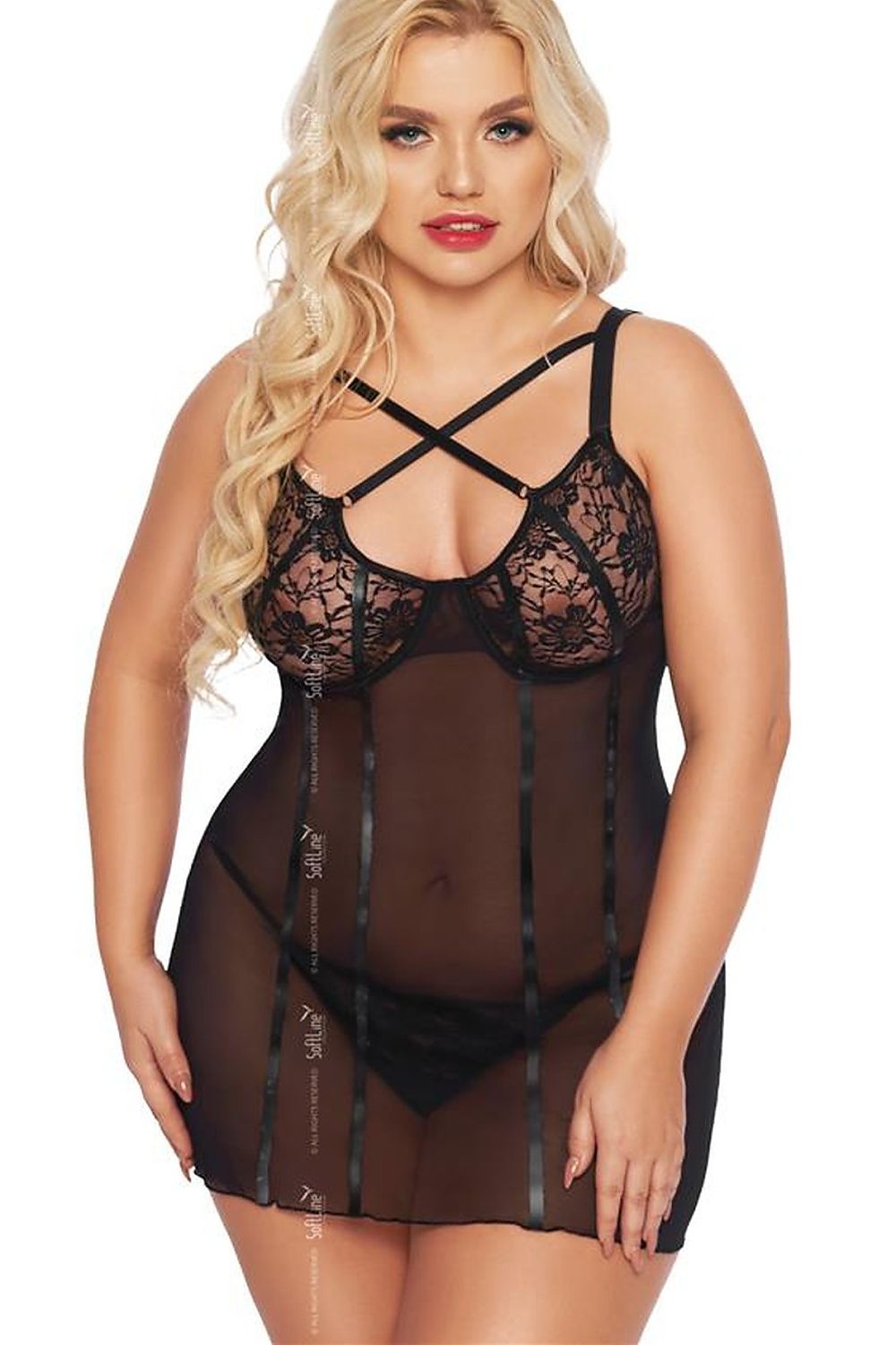 “Seductive lace shirt with shimmering vertical stripes and matching thong”