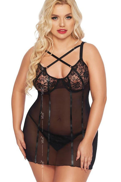 “Seductive lace shirt with shimmering vertical stripes and matching thong”