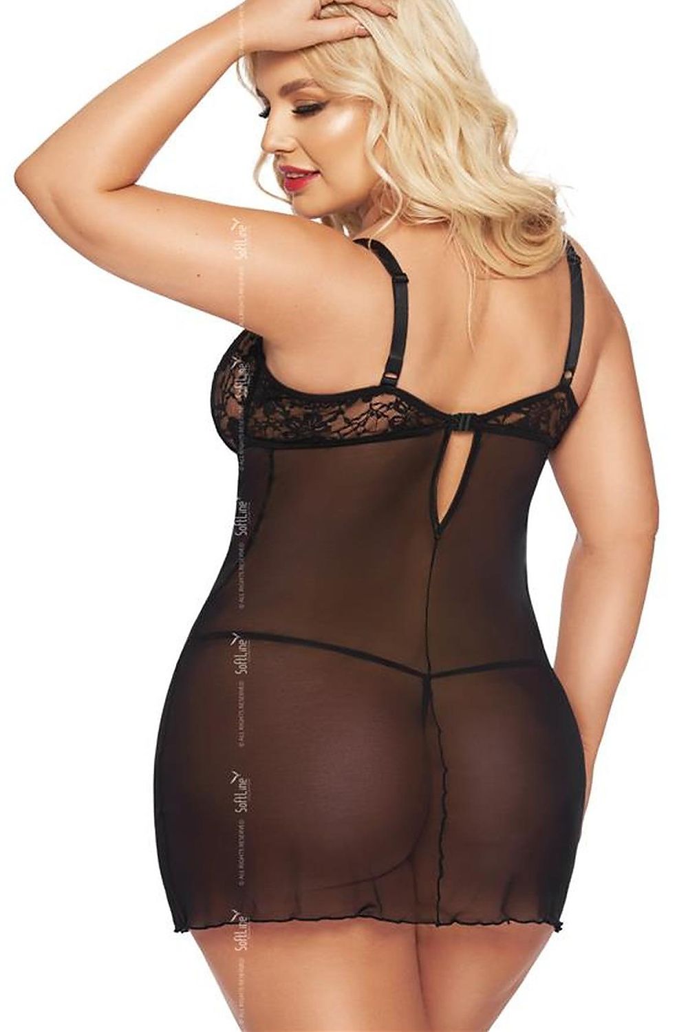 “Close-up of lace cups and vertical stripes on lingerie shirt”