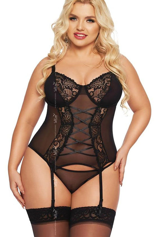 “Luxury lace corset with decorative lacing and matching thong”