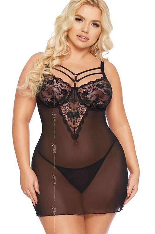 “Sexy lace shirt with decorative straps and back cutout paired with matching thong”