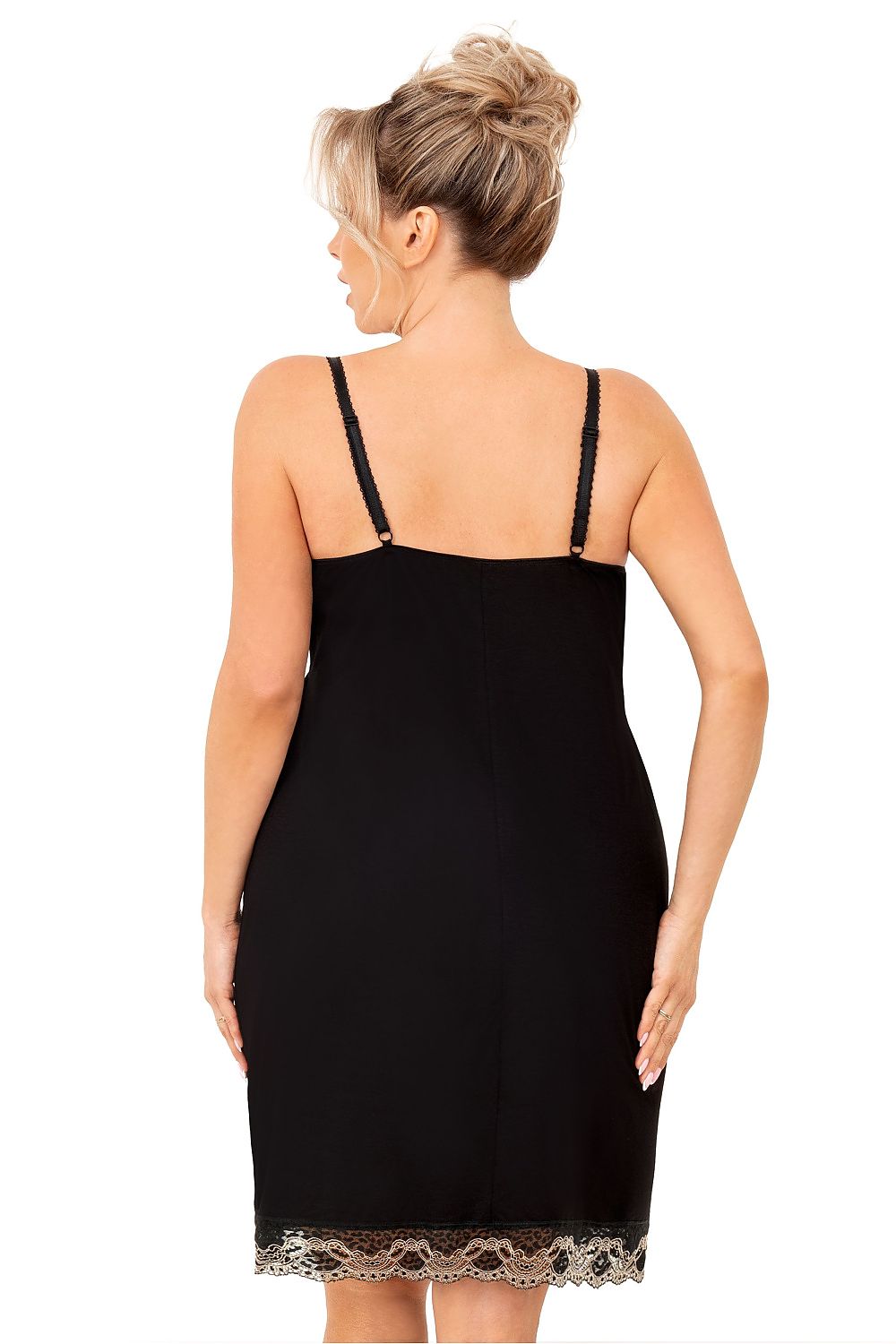 “Plus size model wearing spaghetti strap nightgown with lace accents, front view”