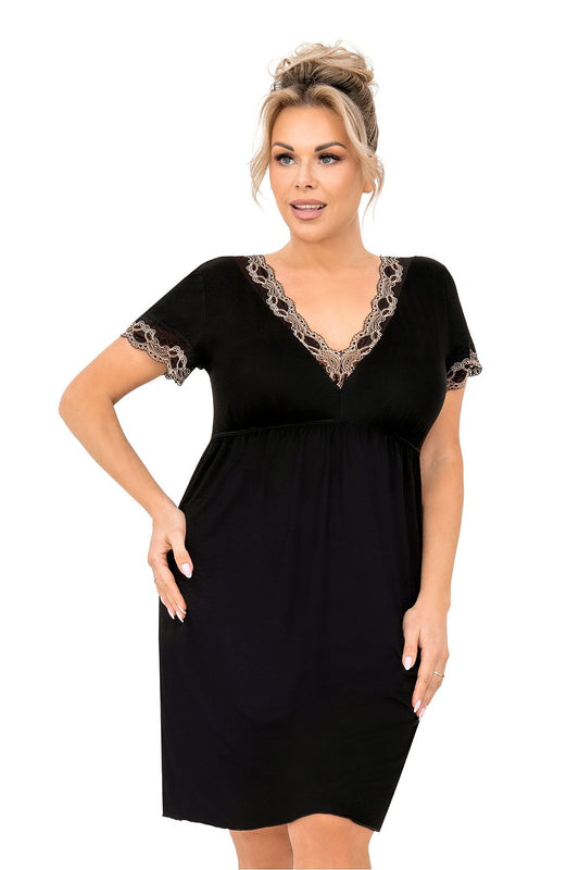 “Plus size model wearing lace V-neck nightshirt with short sleeves, front view”