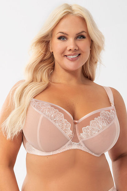 “Front view of elegant soft tulle bra with side and bottom underwires for full bust support”