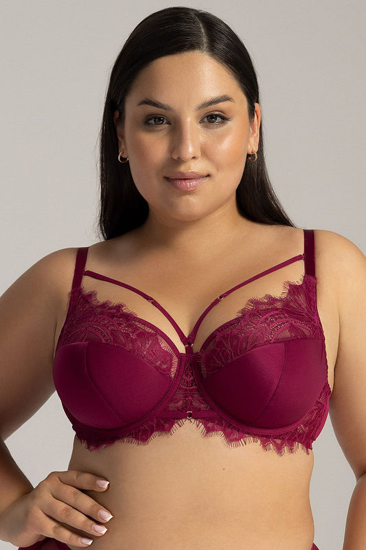 “Front view of semi-soft plus size bra with lace accents and removable decorative straps”
