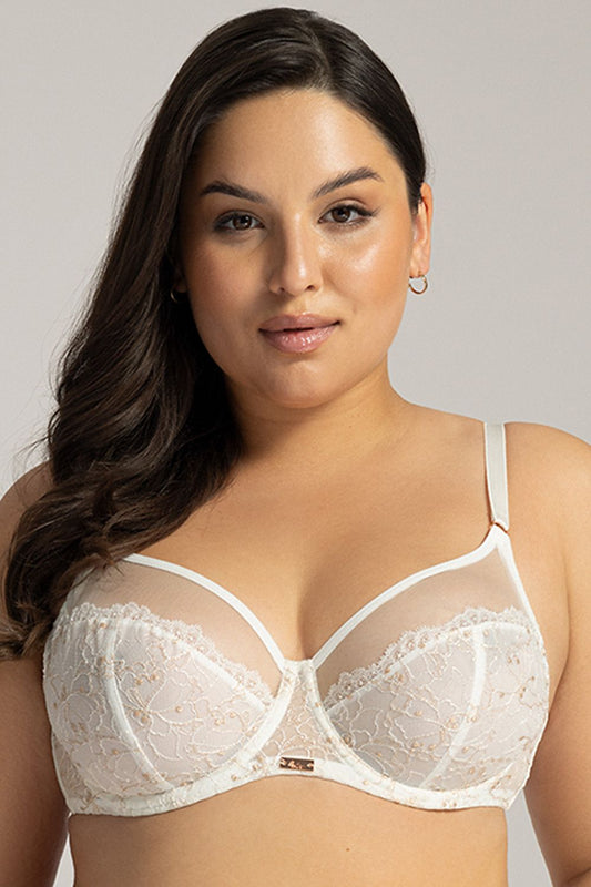 “Front view of Delicate Support Soft Bra with lace and mesh accents and flat seam cups”