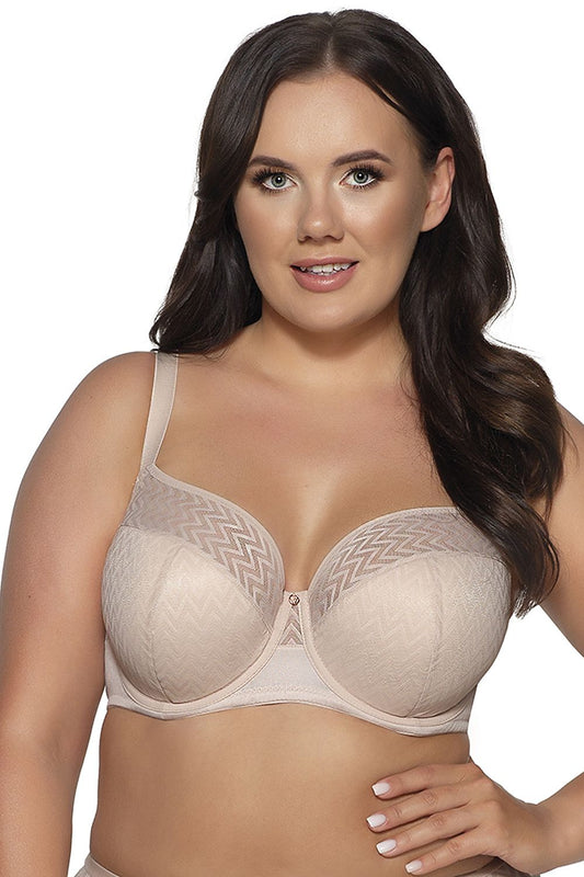 “Front view of semi-soft plus size bra with soft foam lining and deep cups”
