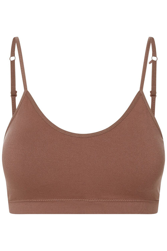 “Front view of Modern Ribbed Soft Bra with adjustable straps and removable pads”