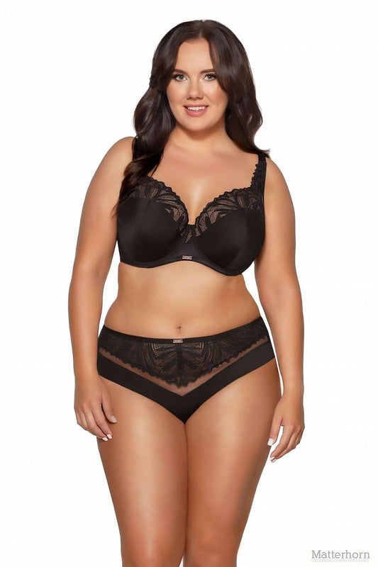 “Front view of semi-soft plus size bra with floral lace and foam cups”