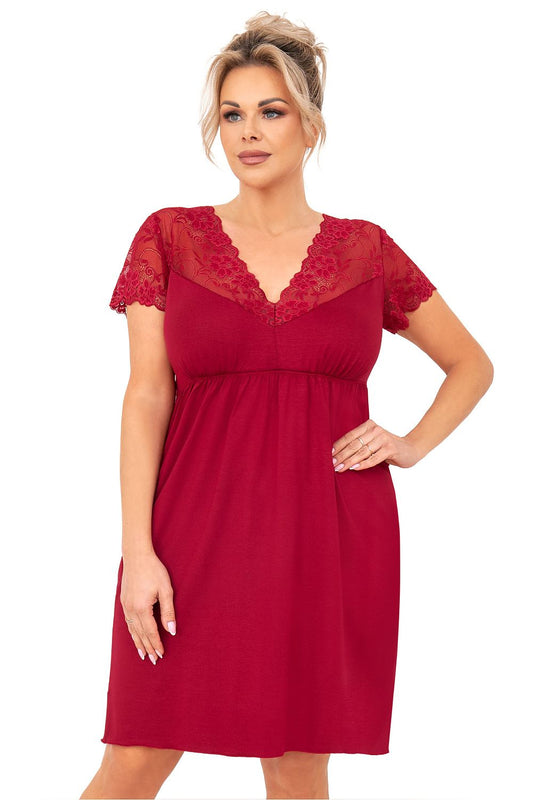 “Plus size model wearing lace V-neck nightgown with frill hem, front view”