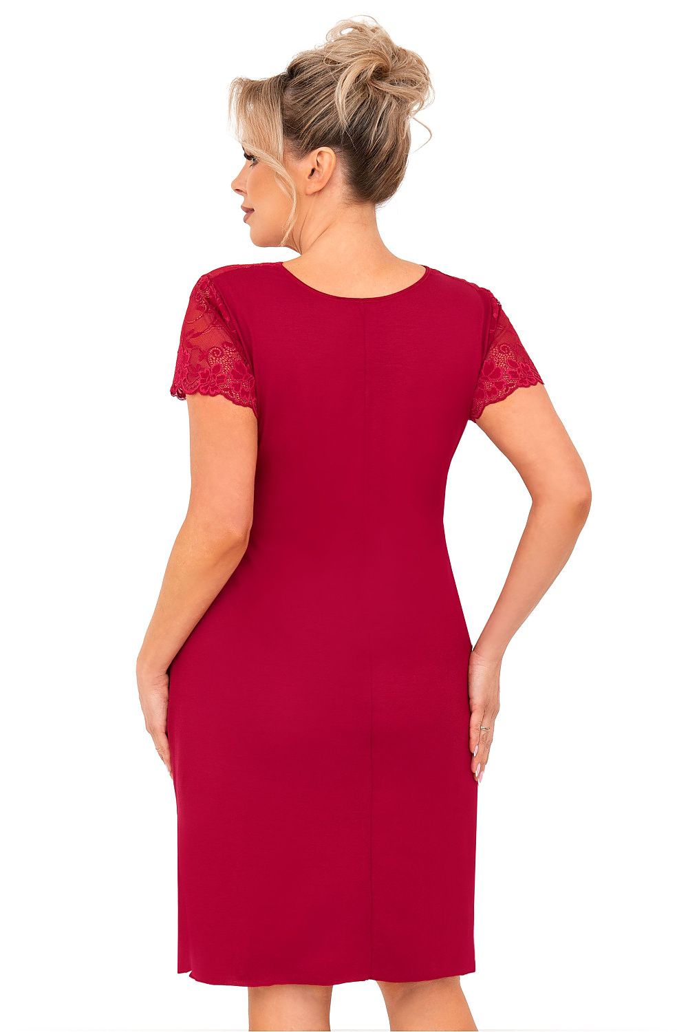 “Back view of plus size nightgown showing knee length and frill detail”