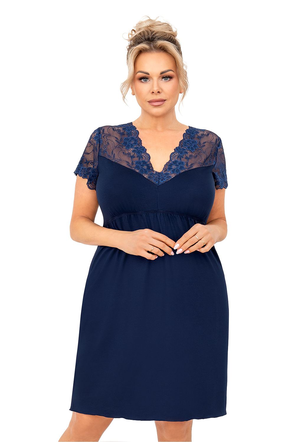 “Plus size model wearing lace V-neck nightshirt with ruffle hem, front view”