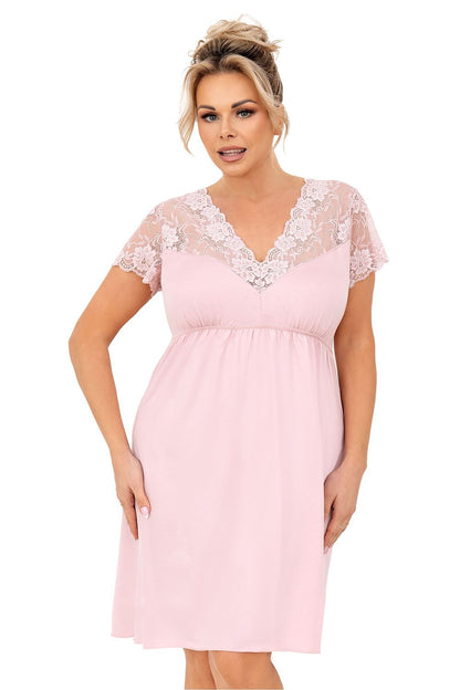 “Plus size model wearing lace V-neck nightshirt with ruffle hem, front view”
