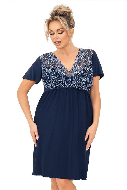“Plus size model wearing viscose nightshirt with lace top and mesh trim, front view”