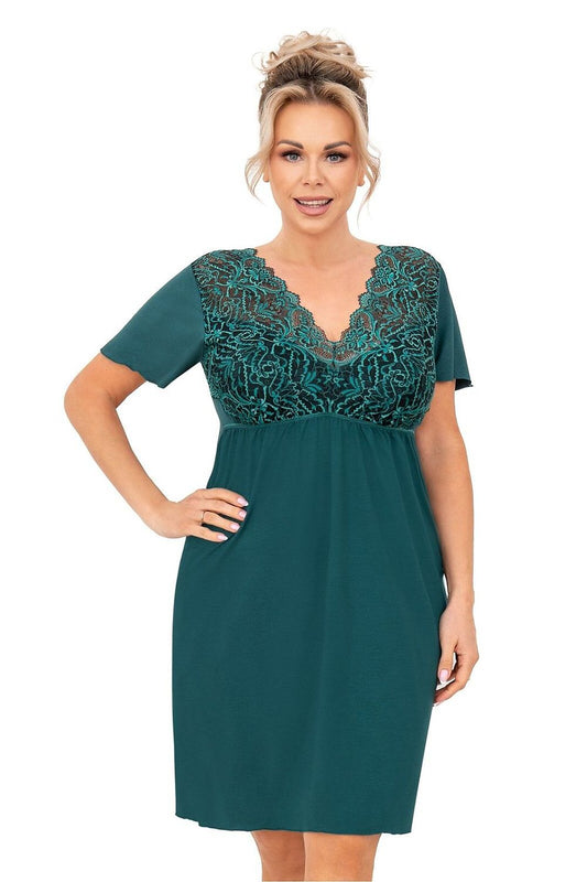 “Plus size model wearing viscose nightshirt with lace front, short sleeves and hem, front view”