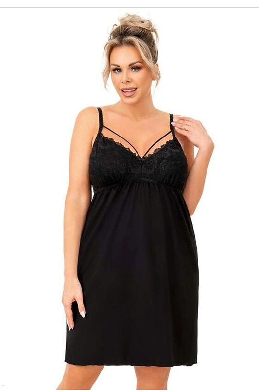 “Plus size model wearing viscose nightshirt with adjustable straps and decorative neckline”
