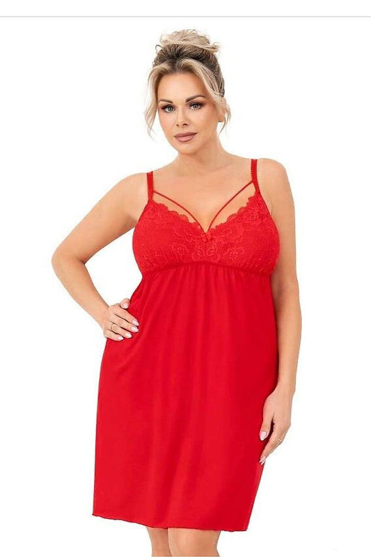 “Plus size model wearing viscose nightshirt with adjustable straps and decorative neckline, front view”